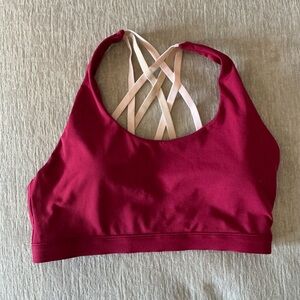 Fabletics Strappy Back Sports Bra — Burgundy Wine Pink Criss Cross Medium